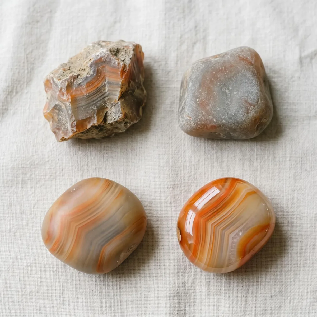Four agate stones showing each tumbling stage: rough, matte after coarse grit, satin after pre-polish, and glossy after polish