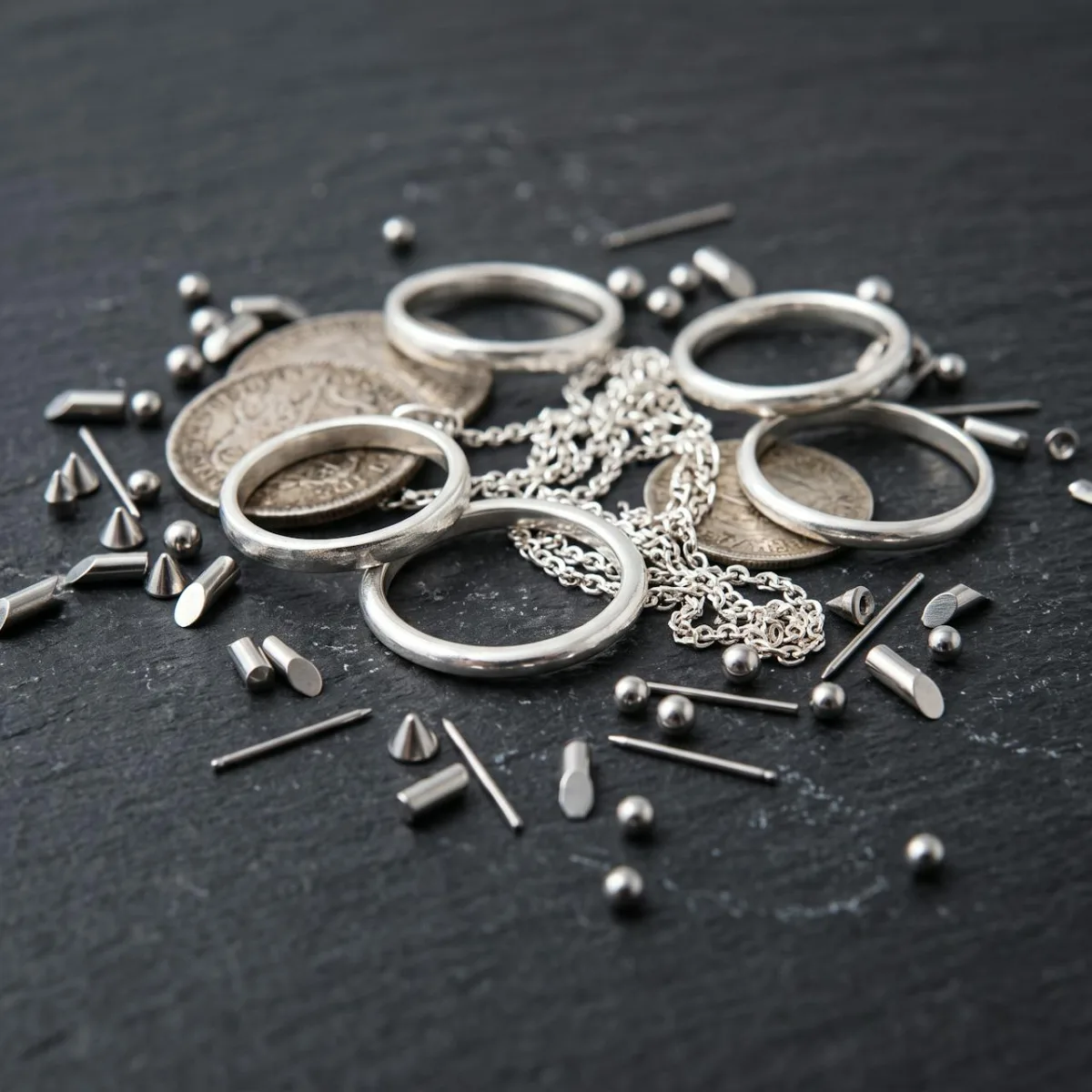 Bright burnished silver rings, chain and coins surrounded by stainless steel tumbling shot
