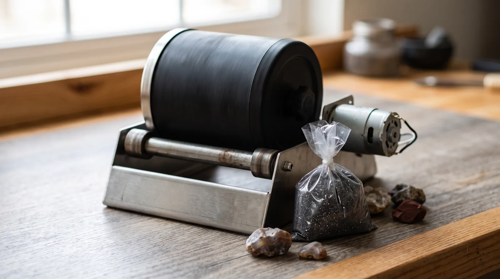 Rotary tumbler on a workbench with a bag of grit and rough stones