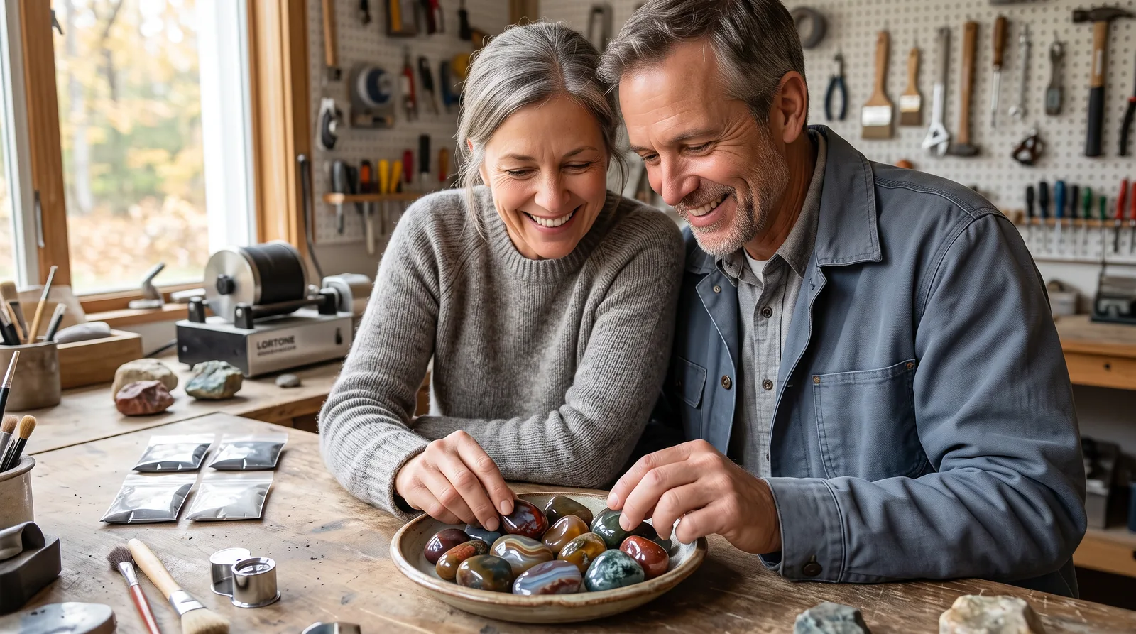 Satisfied customers looking at a finished batch of polished stones