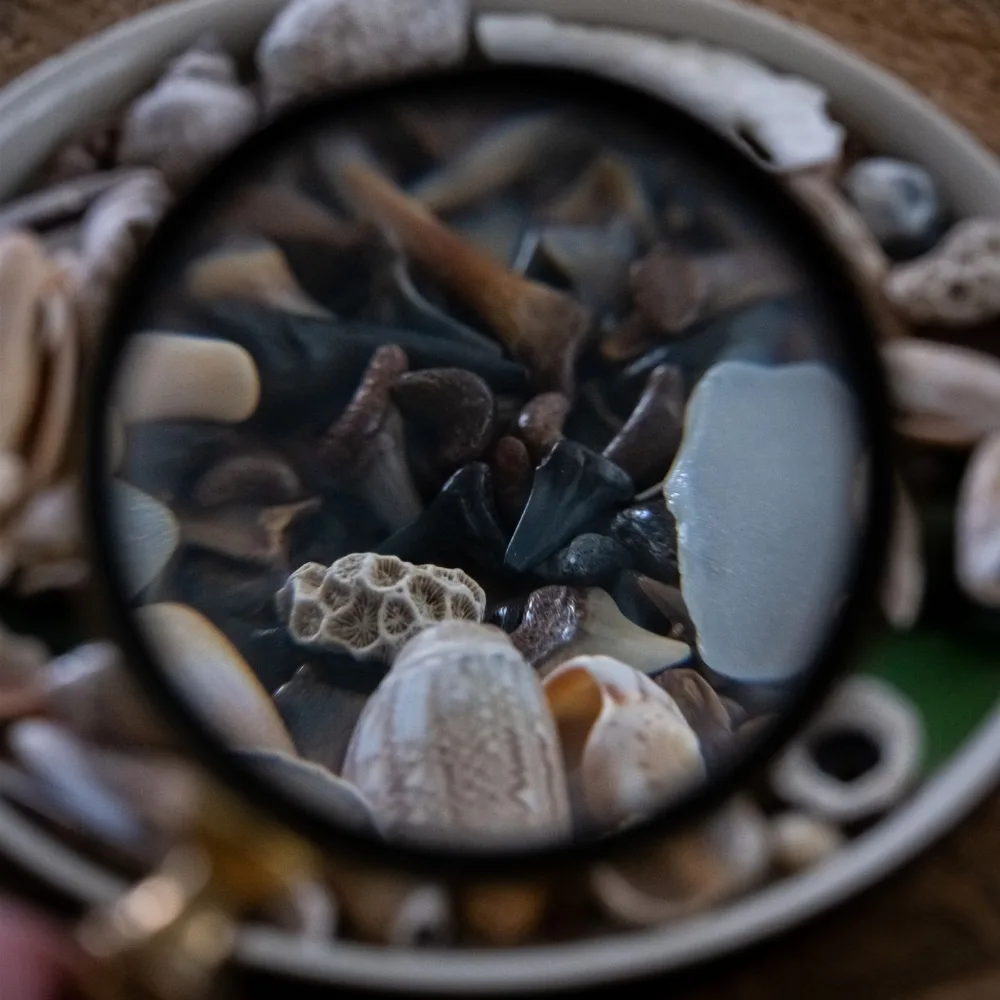 Magnifying glass held over a pile of pebbles to inspect them