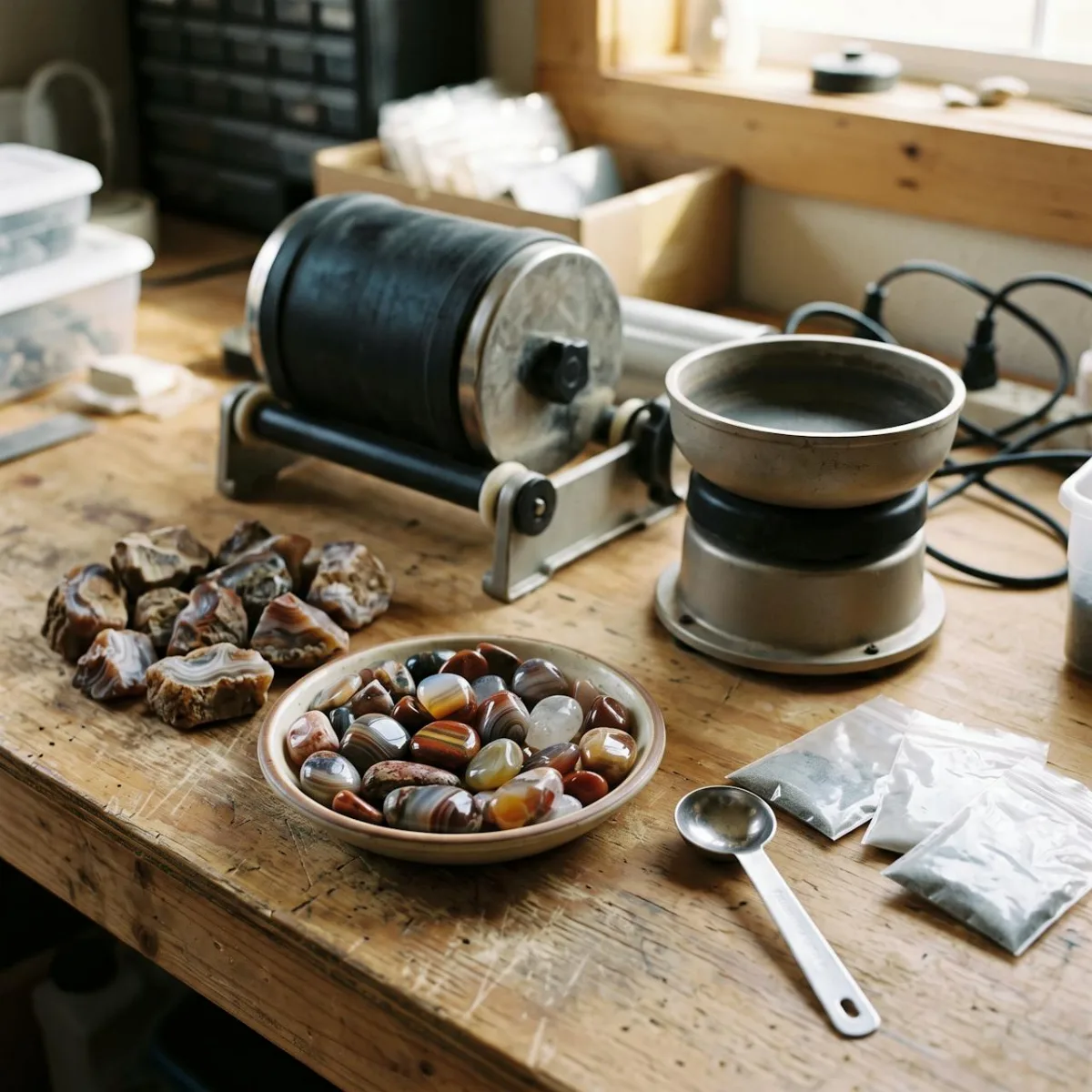 Rock tumbling workbench with a rotary tumbler, a vibratory tumbler, rough agate, a dish of polished stones and bags of grit