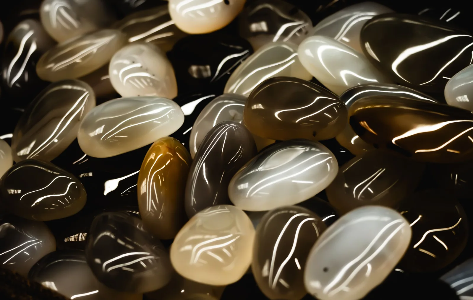 Polished banded agate stones with a glossy finish after rotary tumbling