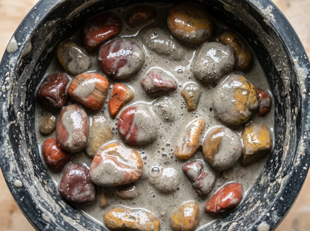 Shaped stones coated in grey grit slurry inside a vibratory tumbler bowl