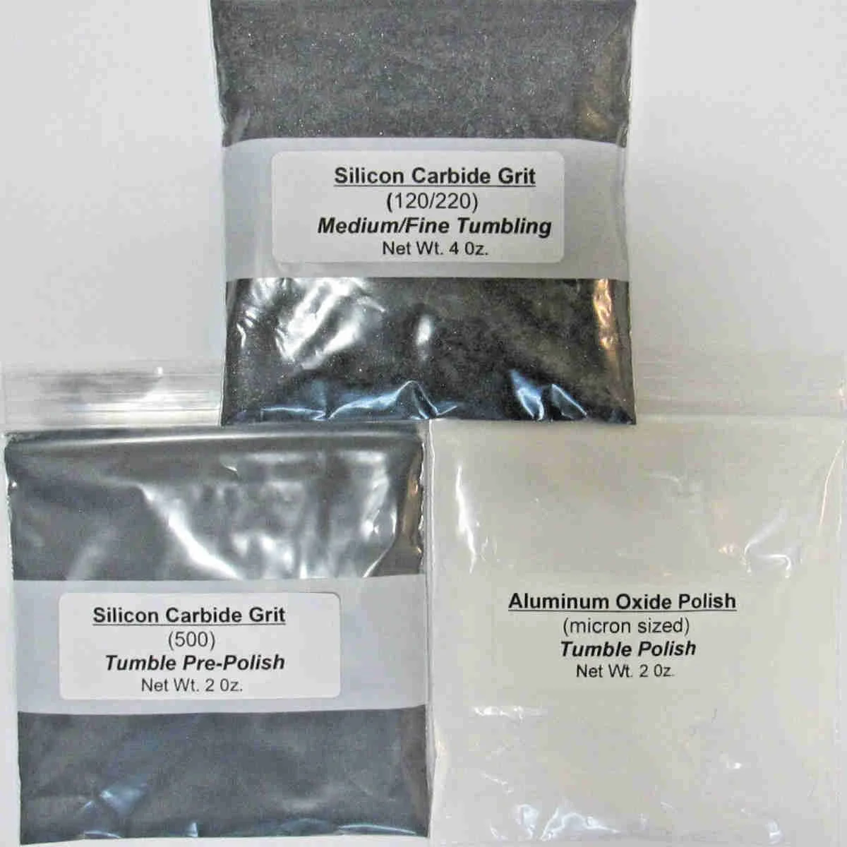 Vibratory tumbler grit kit with silicon carbide 120/220, 500 pre-polish and aluminum oxide polish