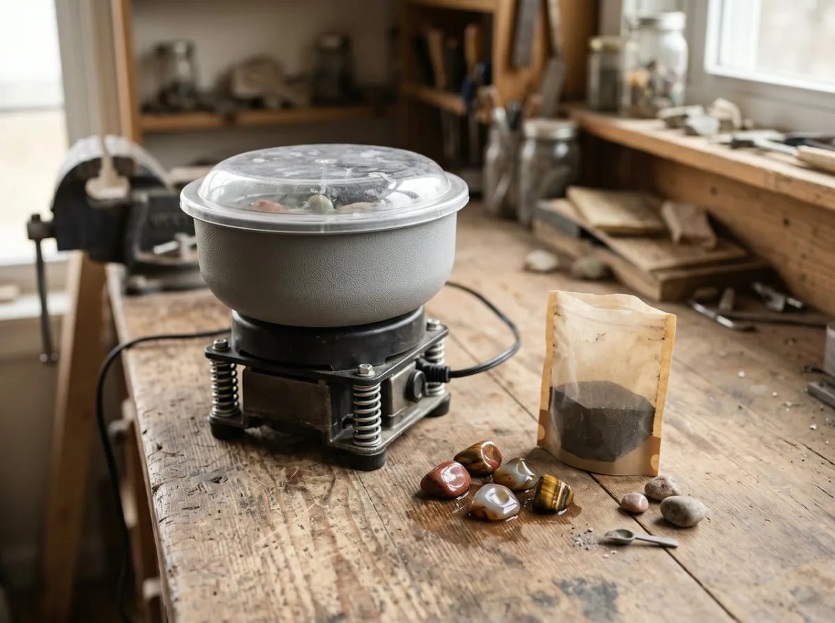 Vibratory rock tumbler with a clear lid on a workbench beside tumbled stones and a bag of grit